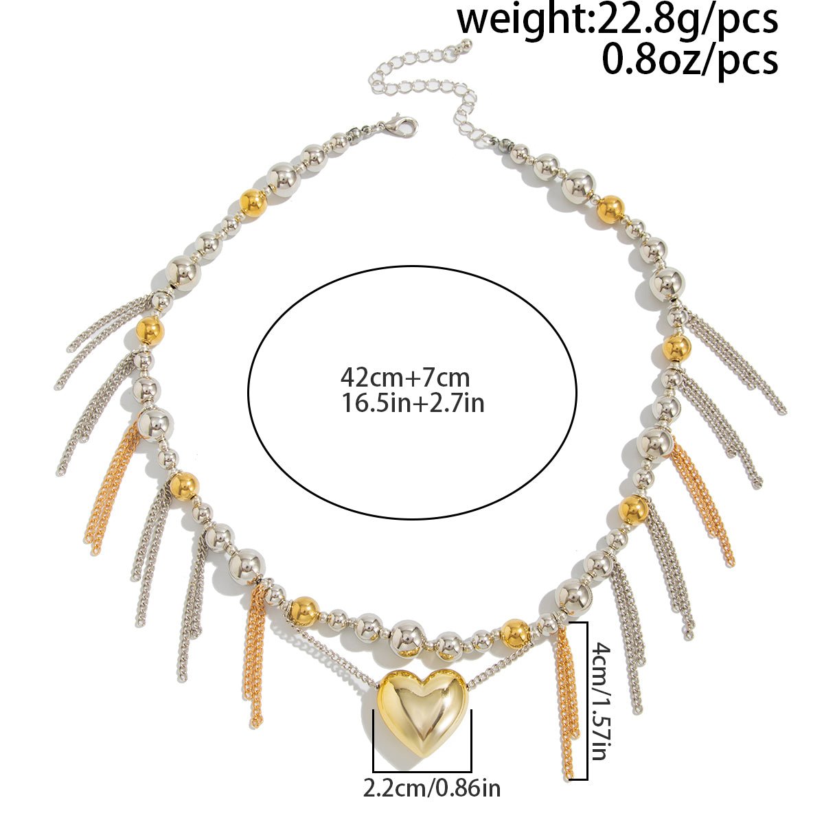 Chic Heart Pendant Two Tone Ball Chain Tassel Necklace - ArtGalleryZen