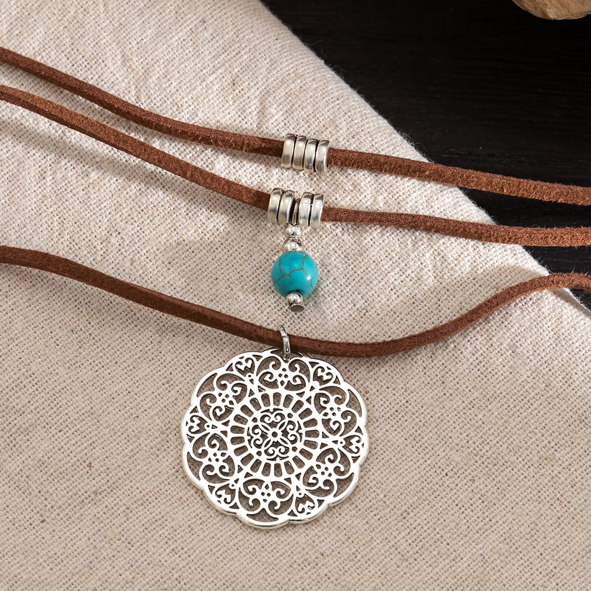 Chic Layered Carved Floral Round Disk Turquoise Pendant Velvet String Necklace - ArtGalleryZen