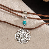 Thumbnail for Chic Layered Carved Floral Round Disk Turquoise Pendant Velvet String Necklace - ArtGalleryZen