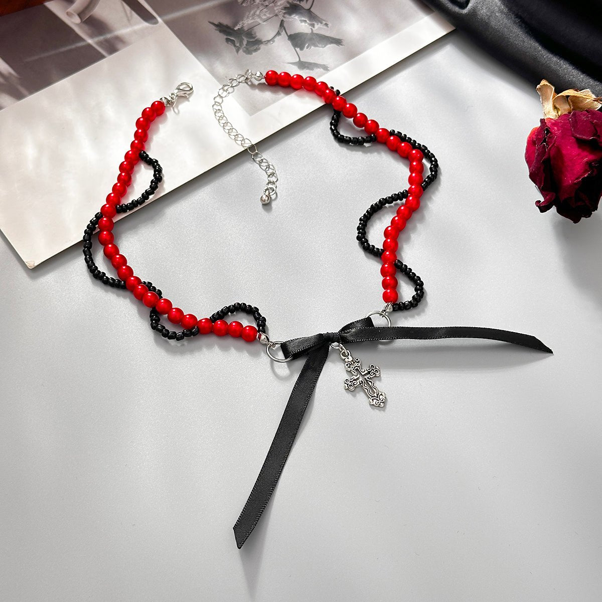 Chic Layered Cross Bowknot Pendant Pearl Seed Beaded Chain Necklace - ArtGalleryZen