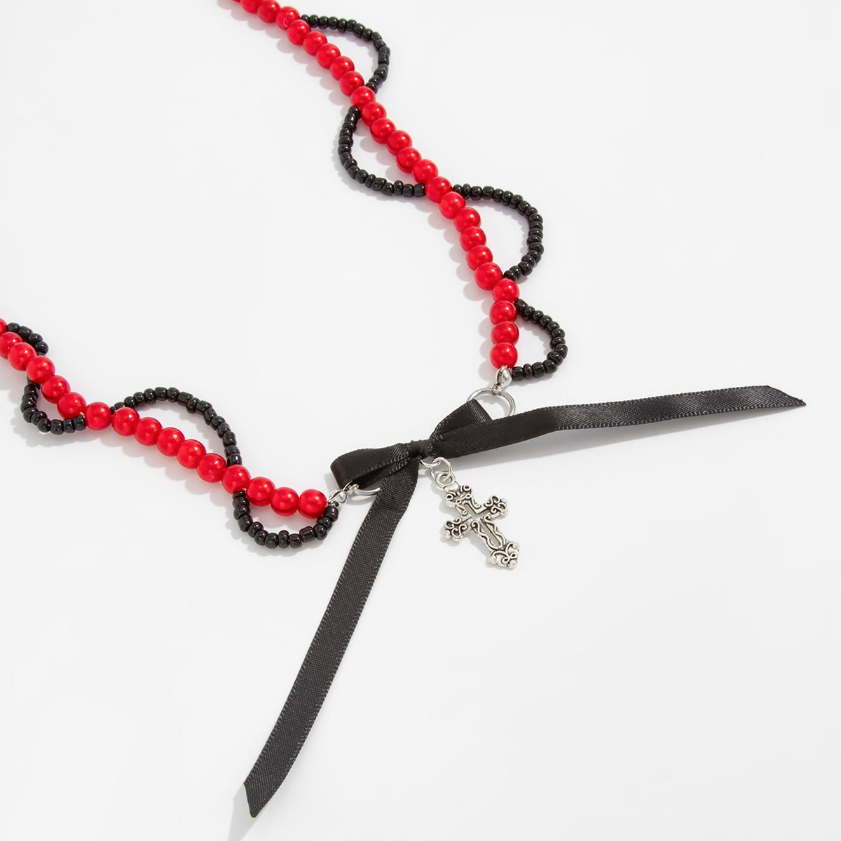 Chic Layered Cross Bowknot Pendant Pearl Seed Beaded Chain Necklace - ArtGalleryZen