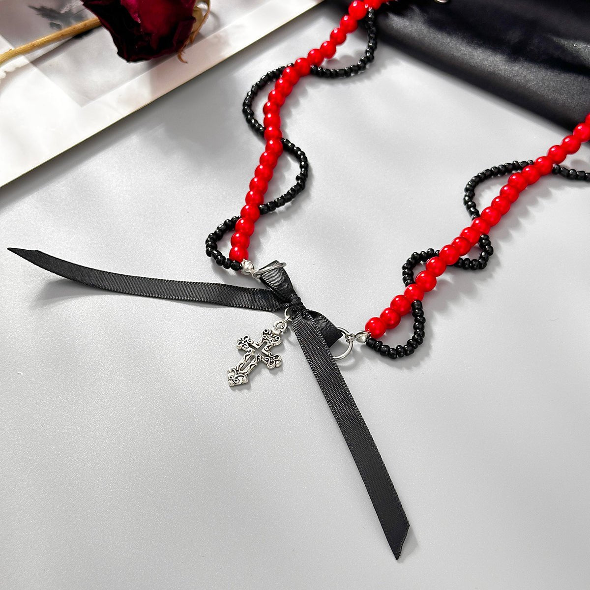 Chic Layered Cross Bowknot Pendant Pearl Seed Beaded Chain Necklace - ArtGalleryZen