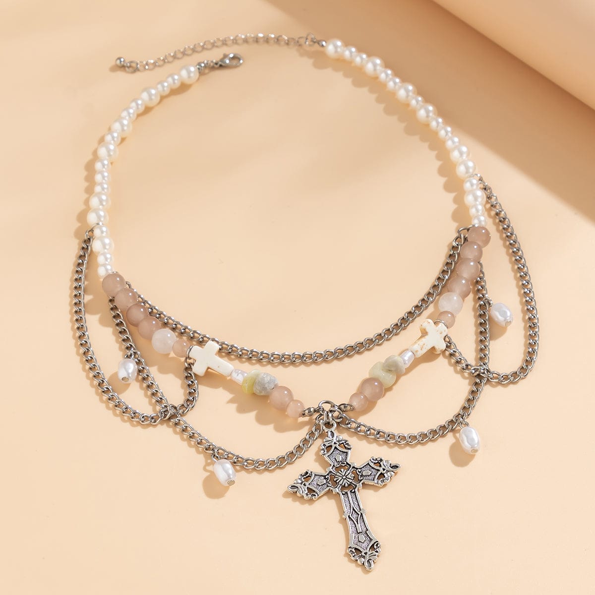 Chic Layered Cross Pendant Turquoise Pearl Chain Tassel Necklace - ArtGalleryZen