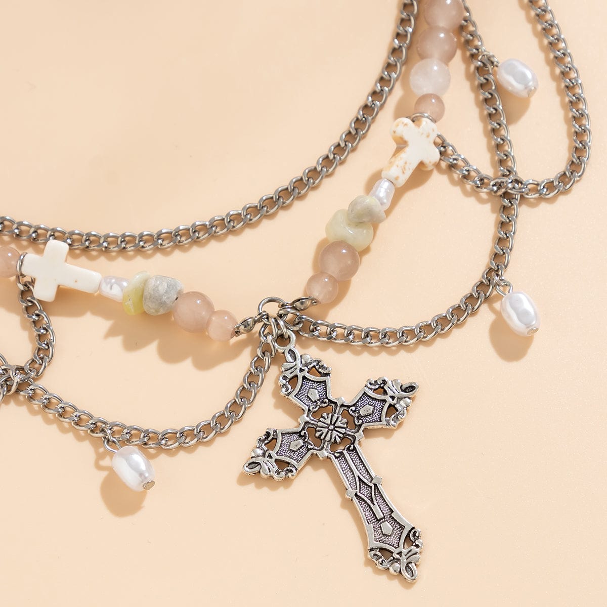 Chic Layered Cross Pendant Turquoise Pearl Chain Tassel Necklace - ArtGalleryZen