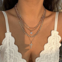Thumbnail for Chic Layered Crystal Cross Heart Pendant Figaro Cable Curb Chain Necklace Set - ArtGalleryZen