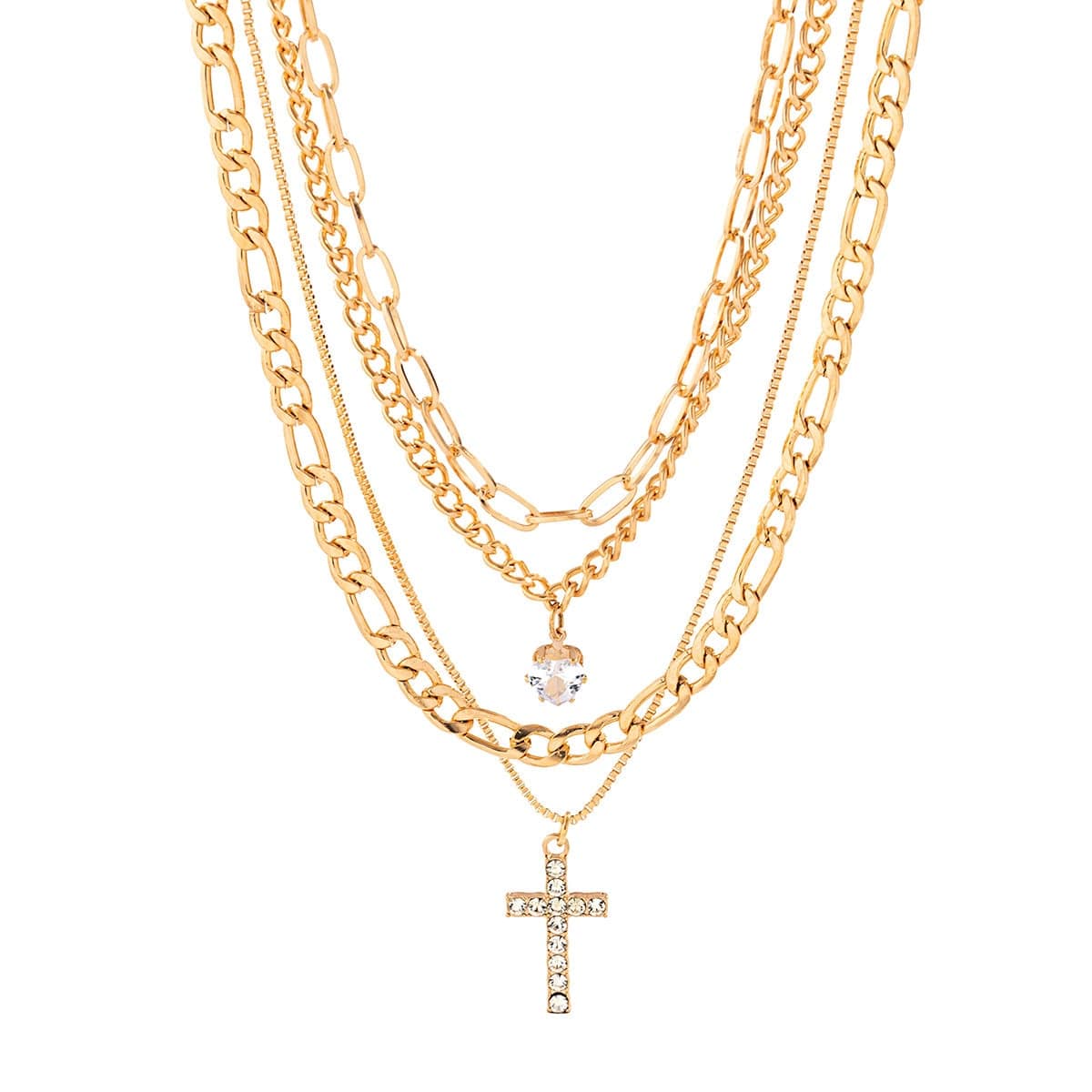 Chic Layered Crystal Cross Heart Pendant Figaro Cable Curb Chain Neckl –  ArtGalleryZen