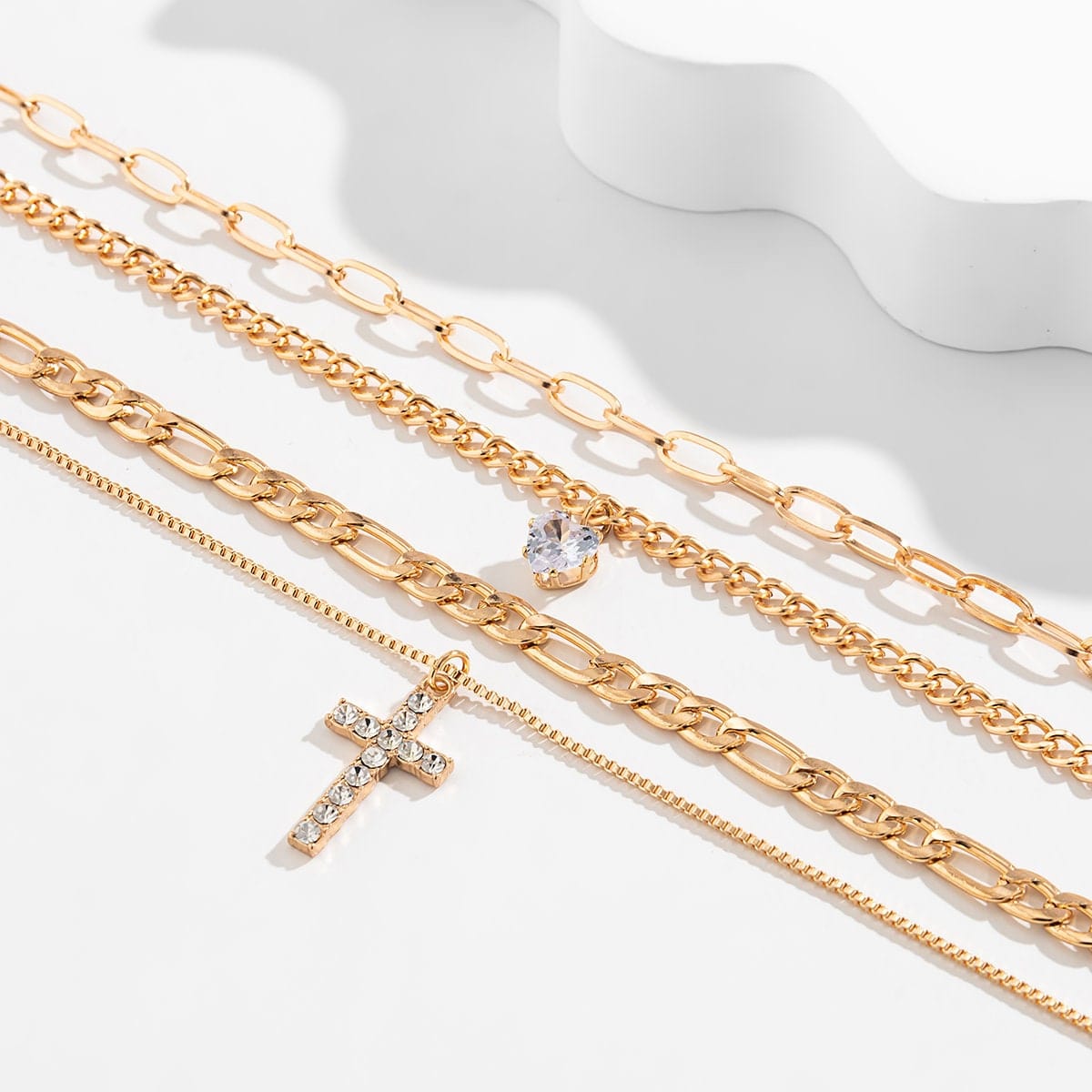 Chic Layered Crystal Cross Heart Pendant Figaro Cable Curb Chain Necklace Set - ArtGalleryZen