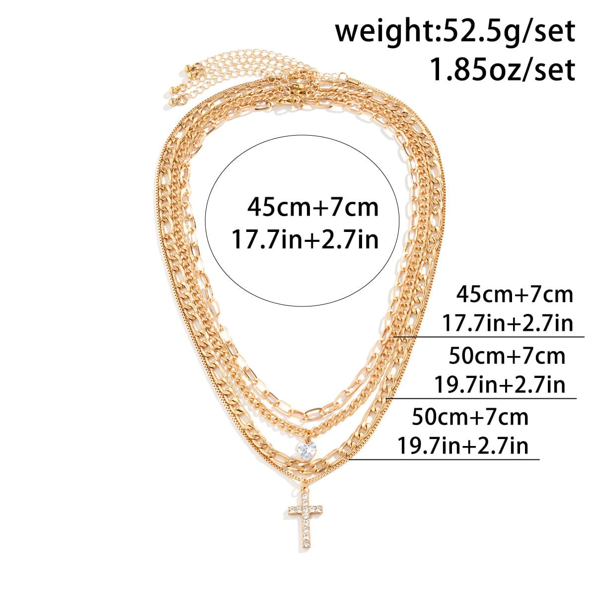 Chic Layered Crystal Cross Heart Pendant Figaro Cable Curb Chain Necklace Set - ArtGalleryZen