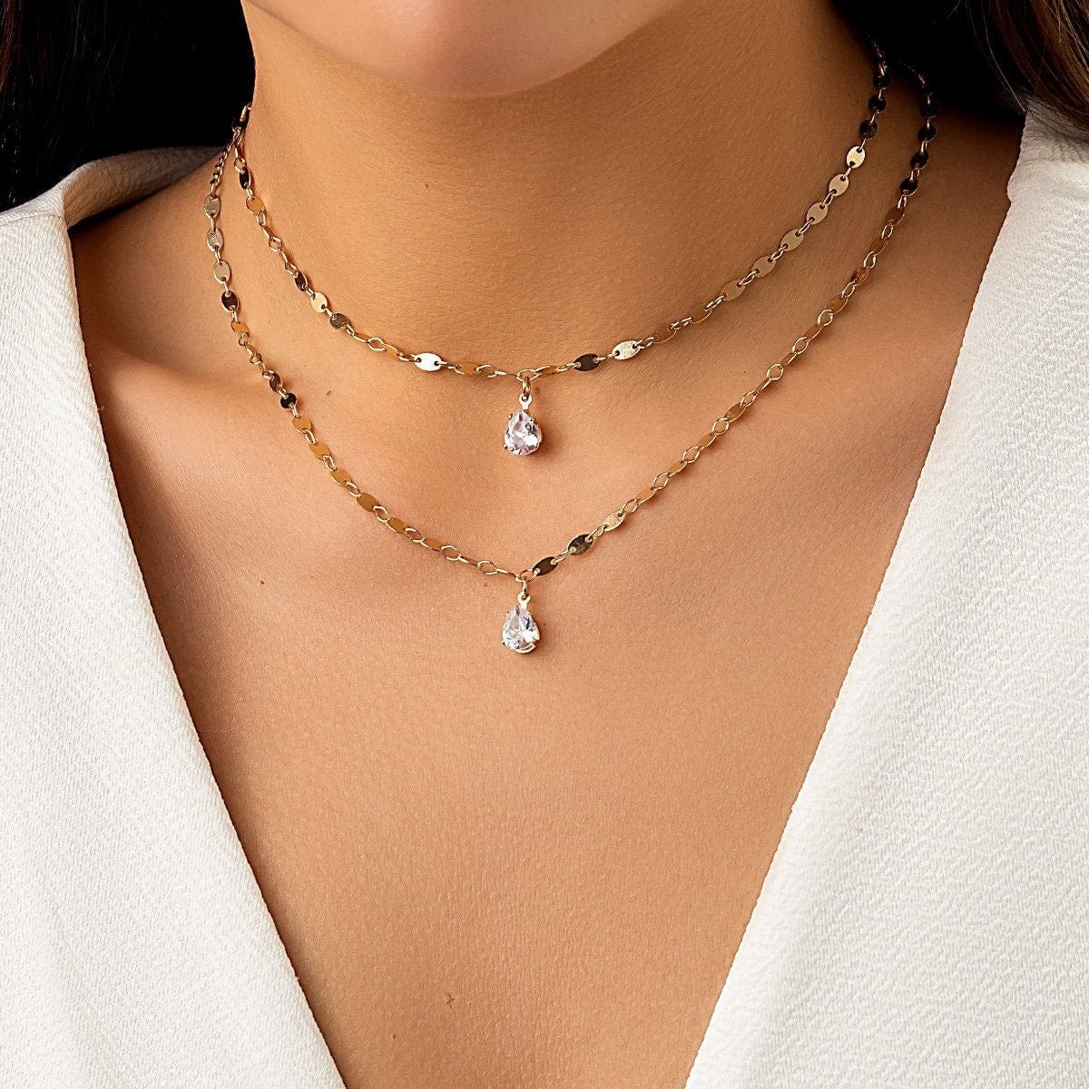 Chic Layered Crystal Pendant Marine Chain Necklace Set - ArtGalleryZen