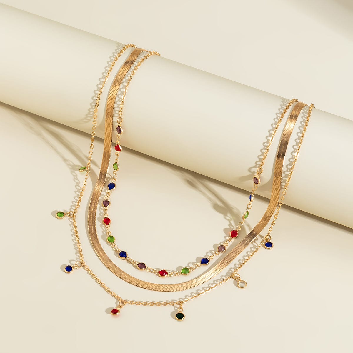 Chic Layered Crystal Tassel Herringbone Chain Necklace Set - ArtGalleryZen