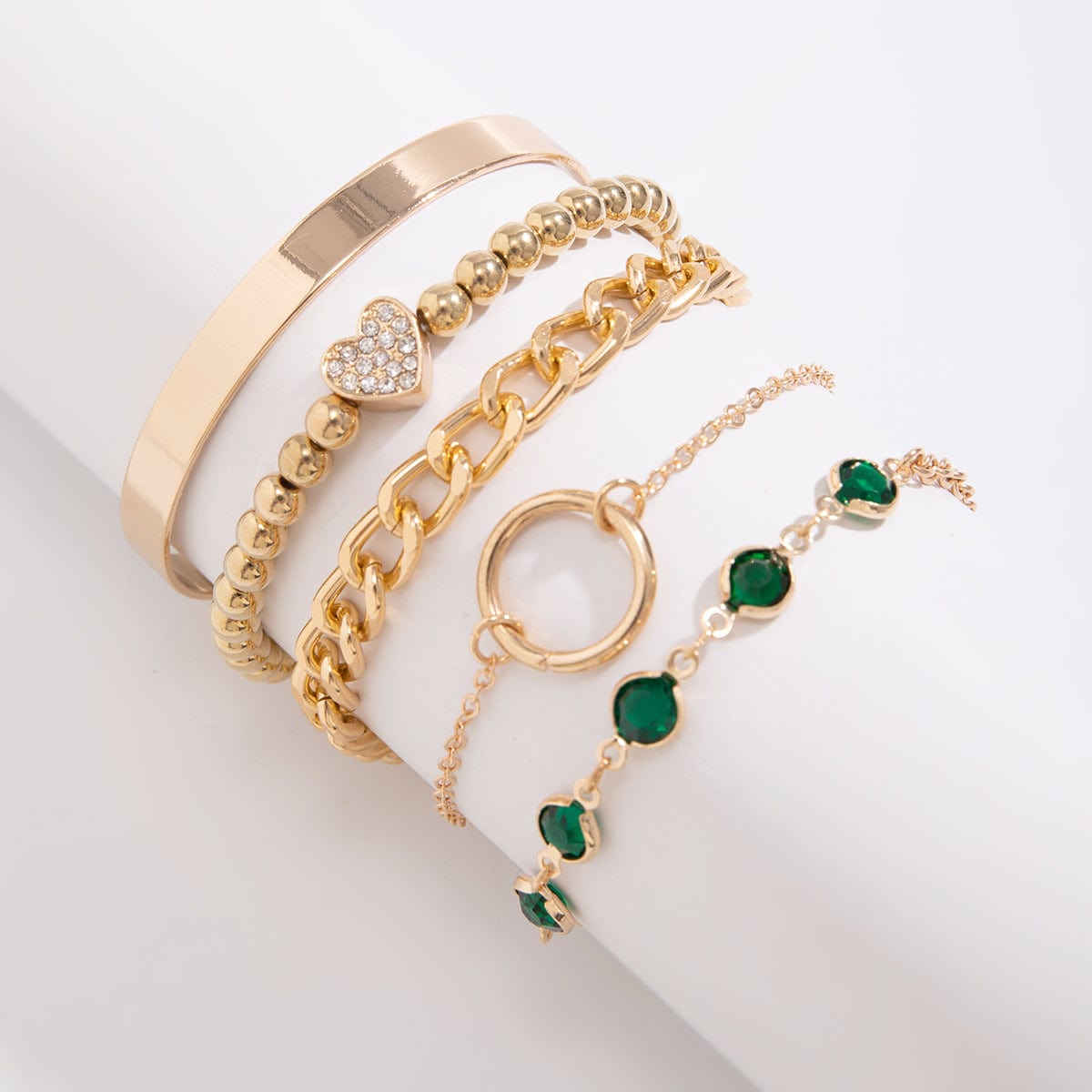 Chic Layered CZ Inlaid Heart Emerald Ring Ball Chain Bangle Bracelet Set - ArtGalleryZen
