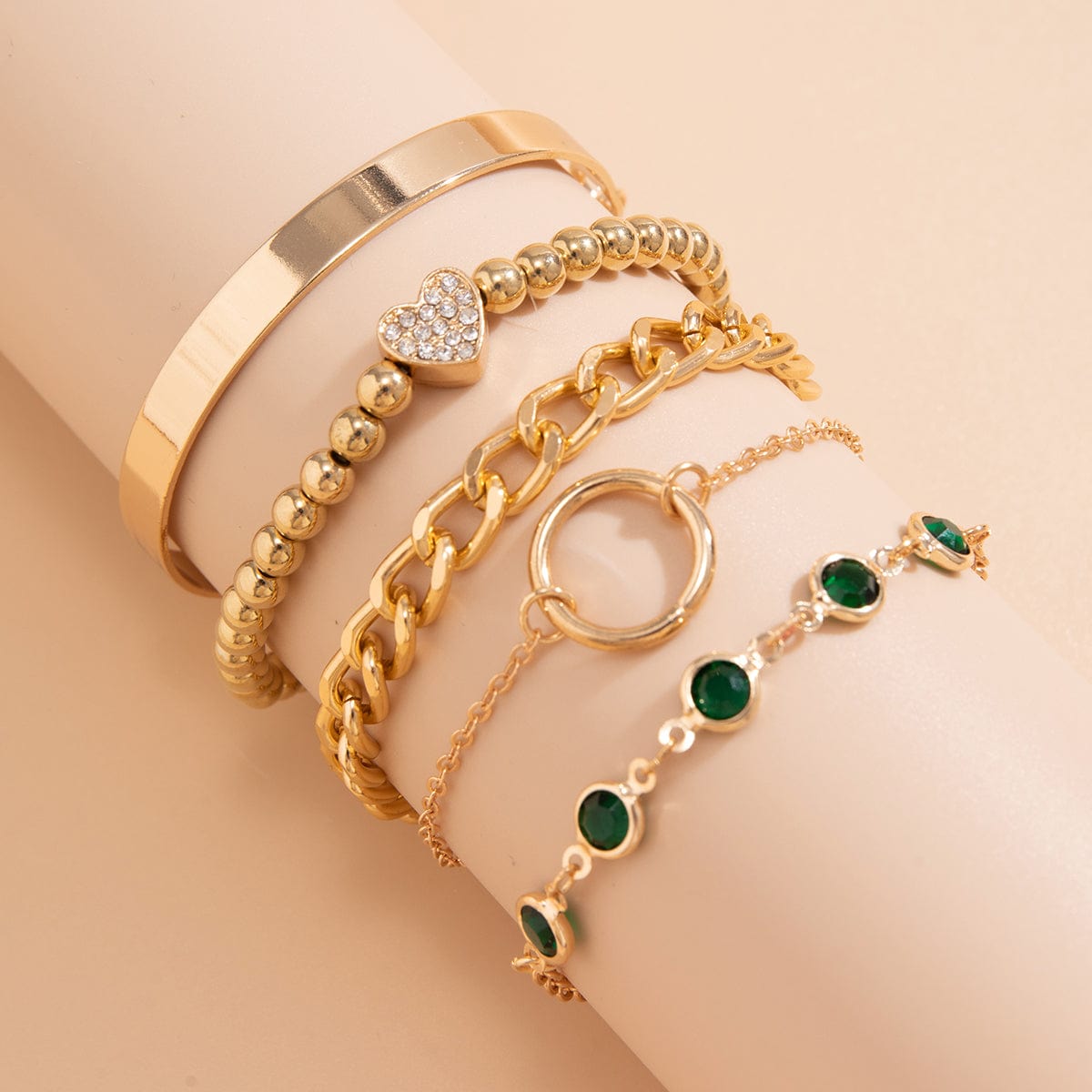 Chic Layered CZ Inlaid Heart Emerald Ring Ball Chain Bangle Bracelet Set - ArtGalleryZen