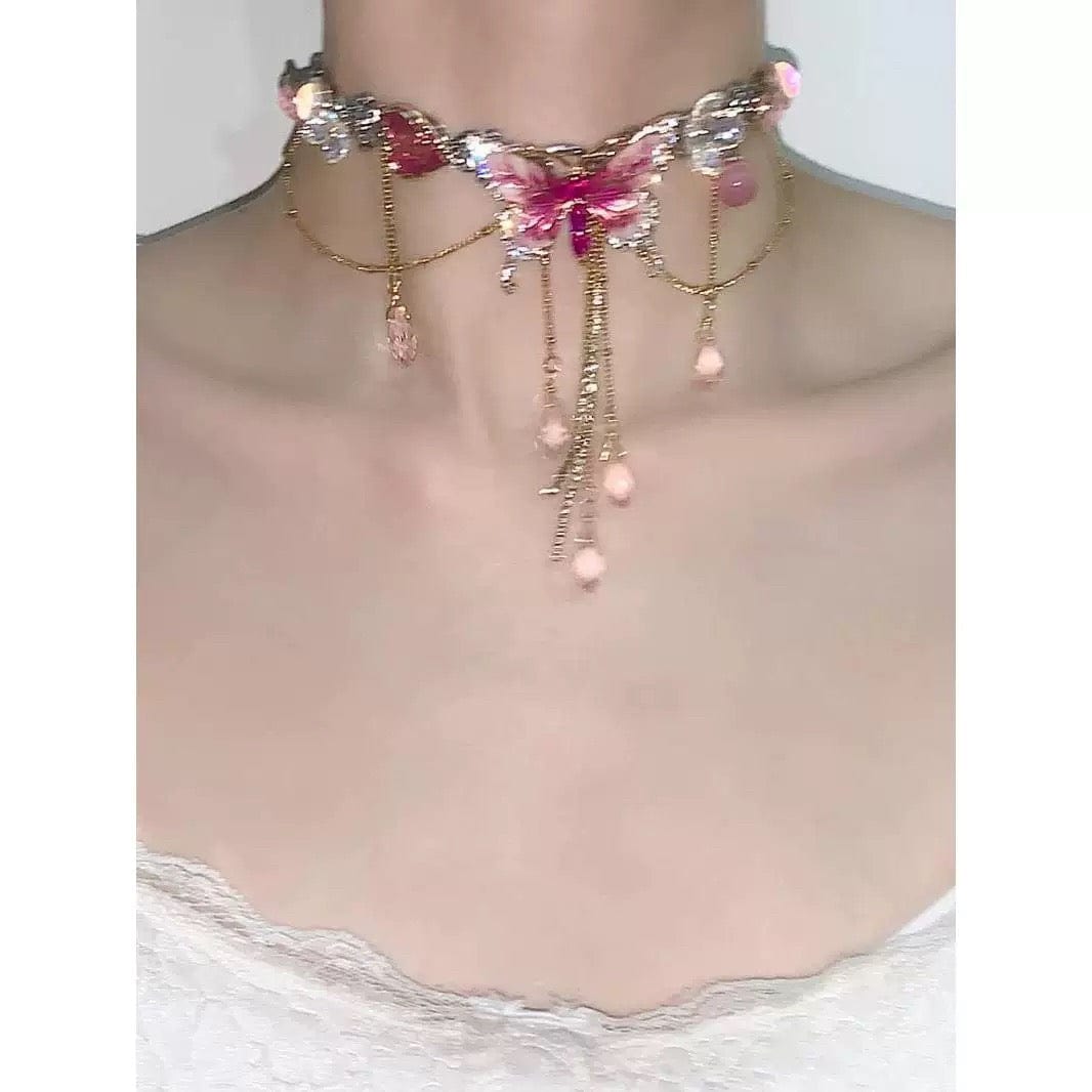 Chic Layered CZ Inliad Enamel Butterfly Crystal Tassel Choker Necklace - ArtGalleryZen
