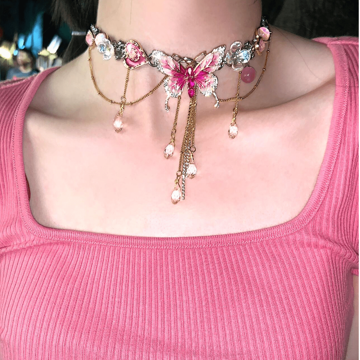 Chic Layered CZ Inliad Enamel Butterfly Crystal Tassel Choker Necklace - ArtGalleryZen