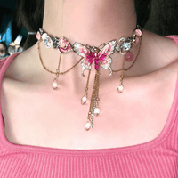 Thumbnail for Chic Layered CZ Inliad Enamel Butterfly Crystal Tassel Choker Necklace - ArtGalleryZen