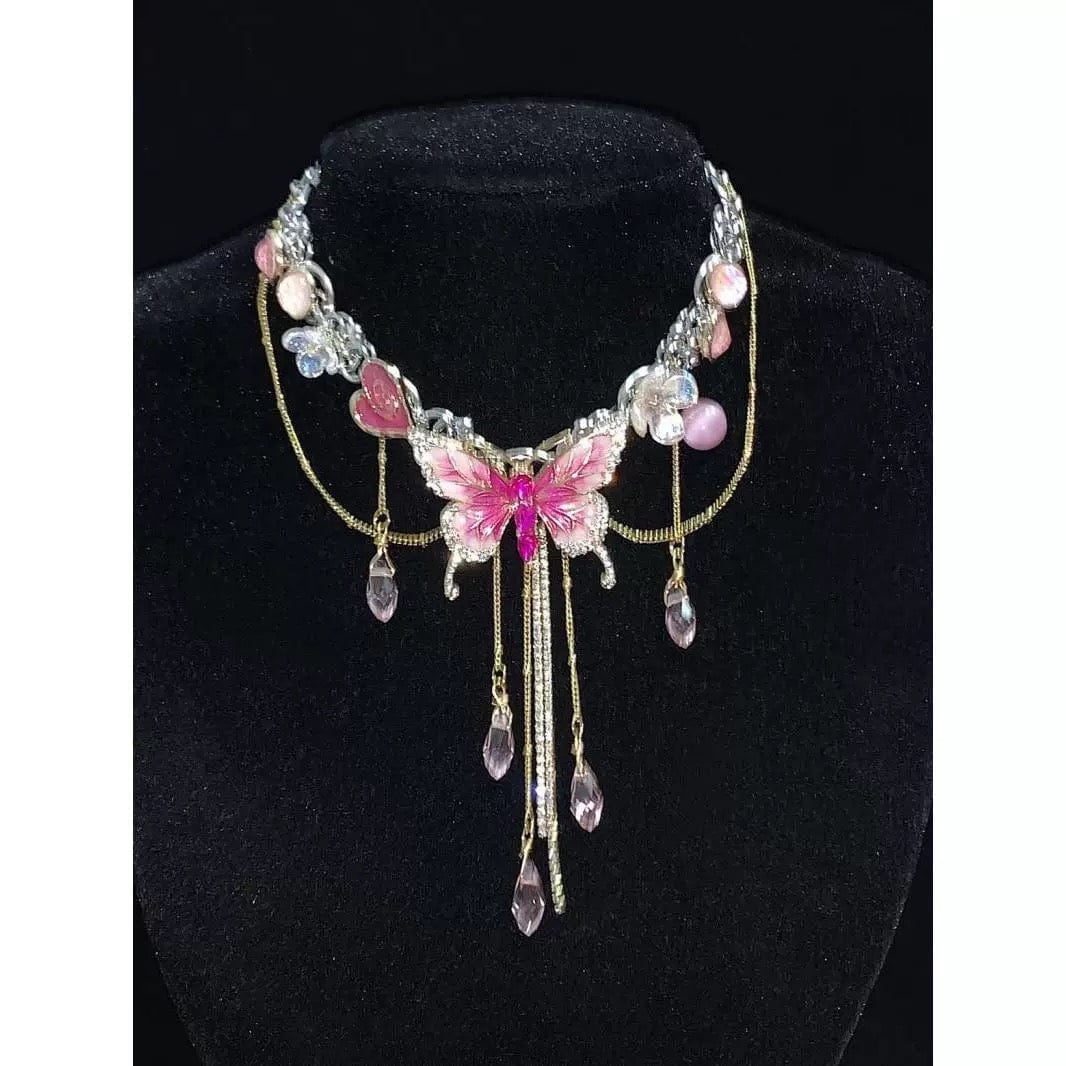 Chic Layered CZ Inliad Enamel Butterfly Crystal Tassel Choker Necklace - ArtGalleryZen