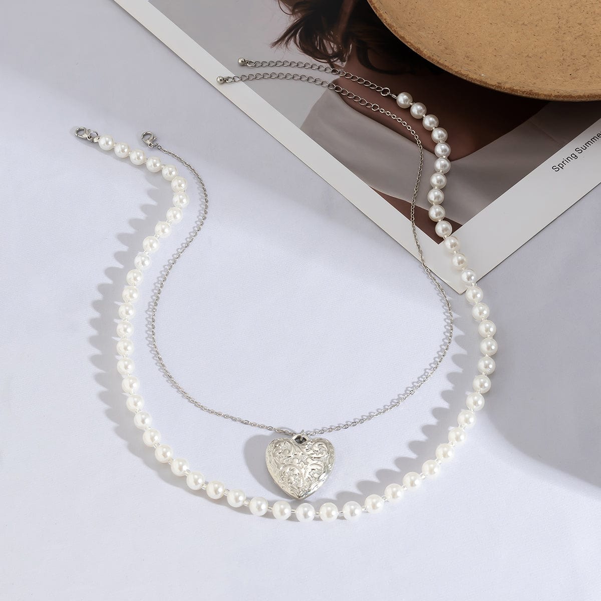 Chic Layered Floral Heart Pendant Pearl Chain Necklace Set - ArtGalleryZen