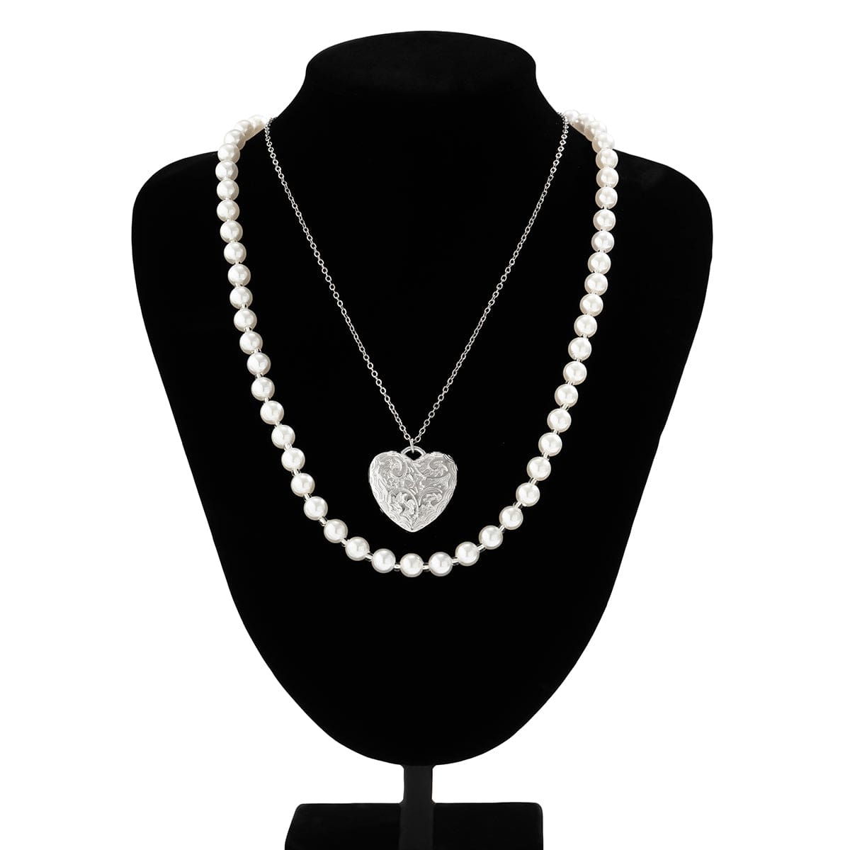 Chic Layered Floral Heart Pendant Pearl Chain Necklace Set - ArtGalleryZen