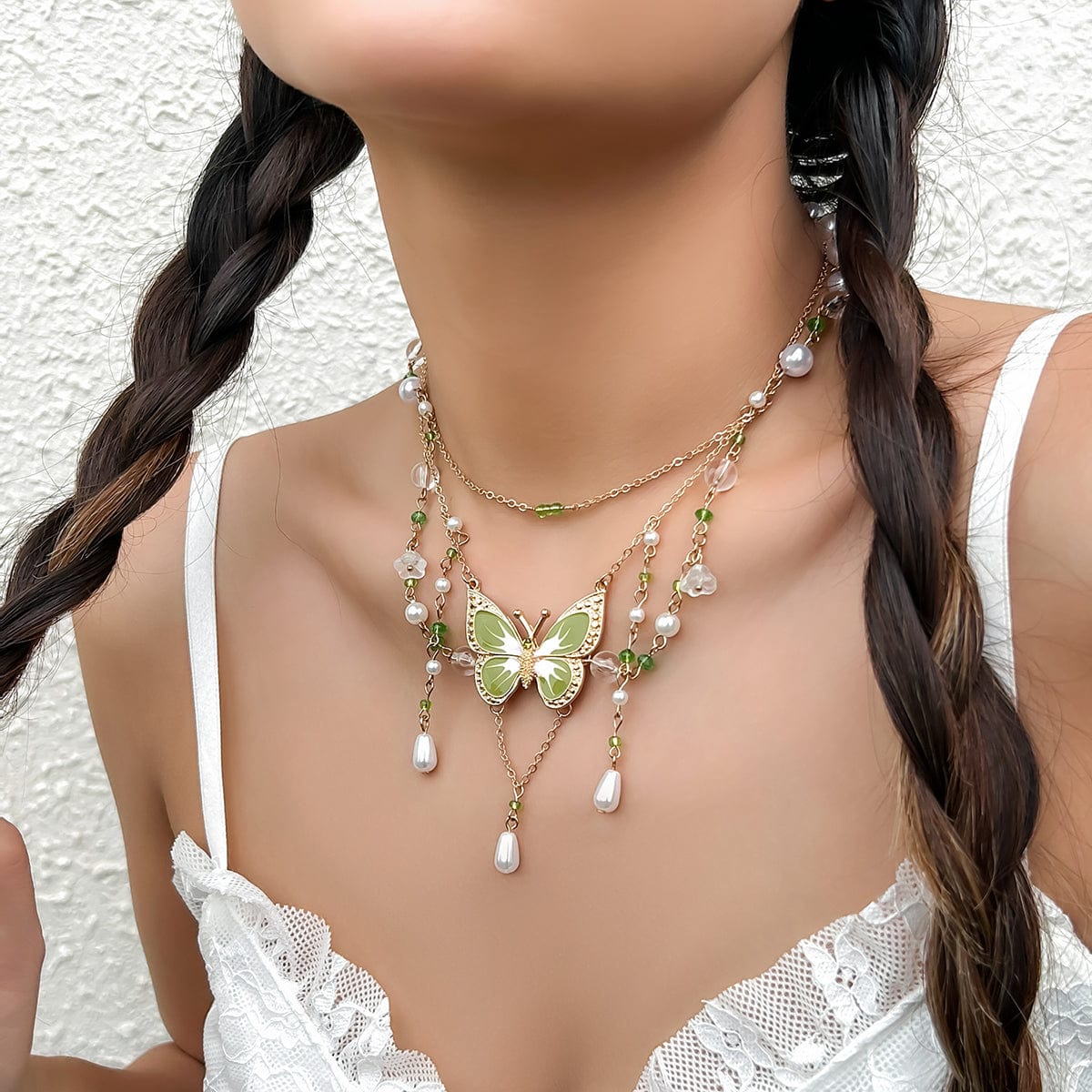 Chic Layered Floral Pearl Chain Tassel Butterfly Necklace - ArtGalleryZen