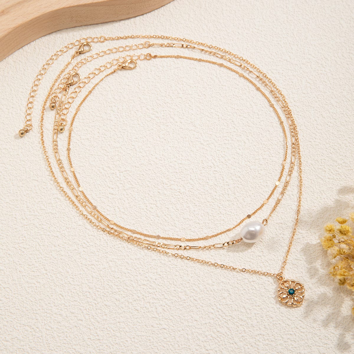 Chic Layered Flower Pendant Pearl Chain Necklace Set - ArtGalleryZen