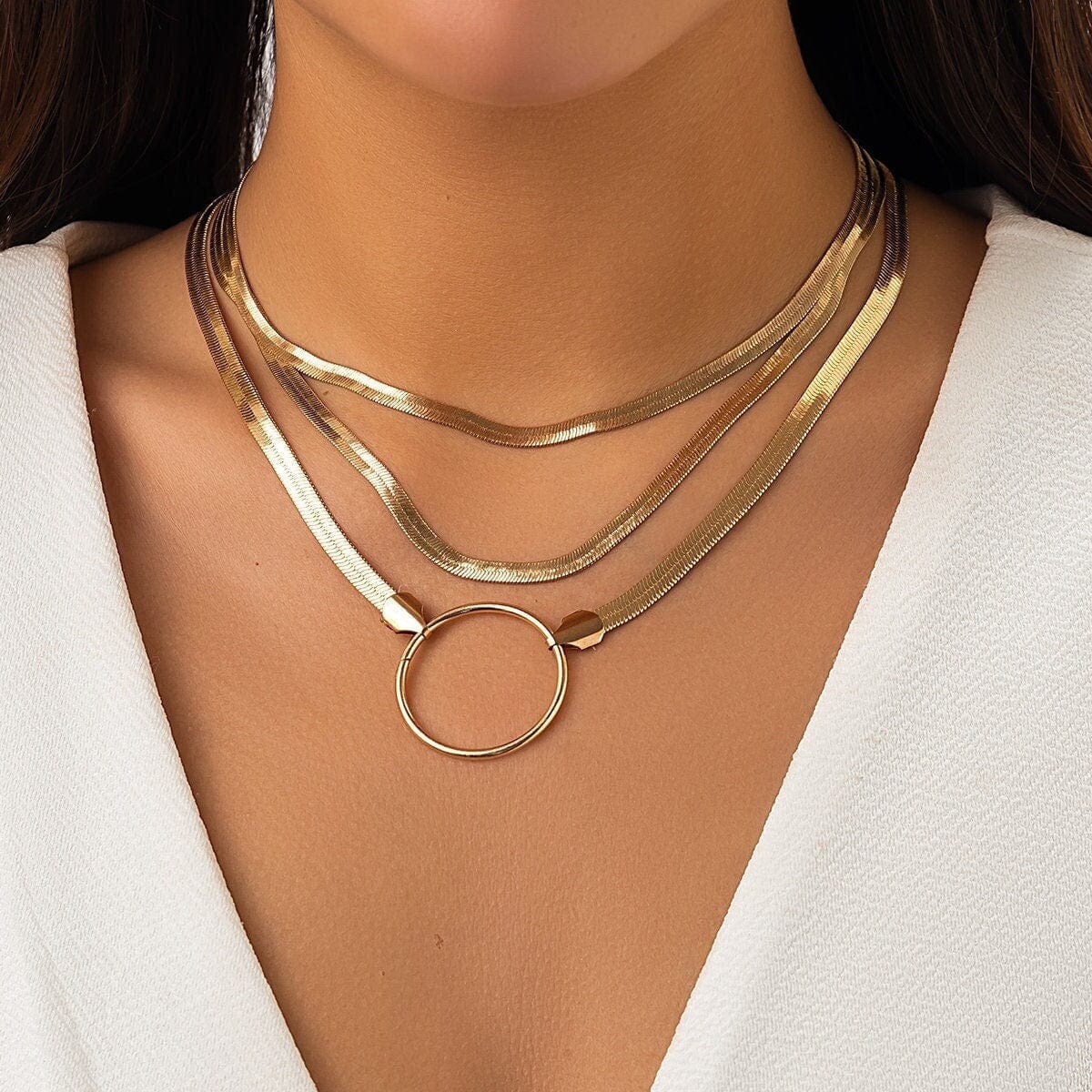 Chic Layered Halo Pendant Herringbone Chain Necklace Set - ArtGalleryZen