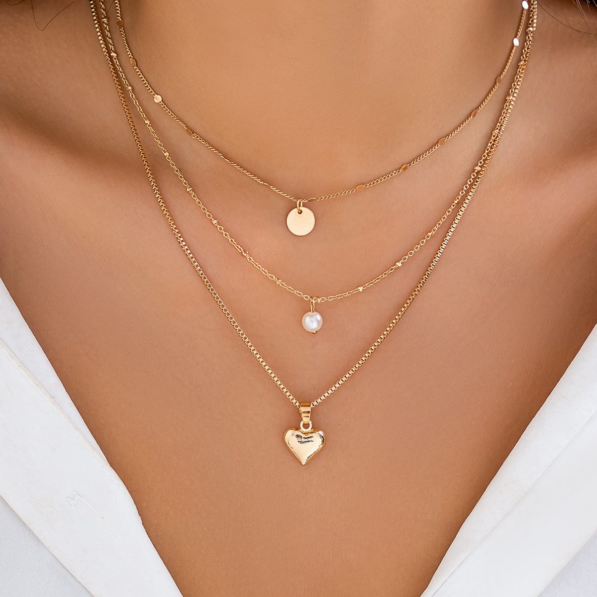 Chic Layered Heart Pearl Round Disk Pendant Snake Chain Necklace Set - ArtGalleryZen