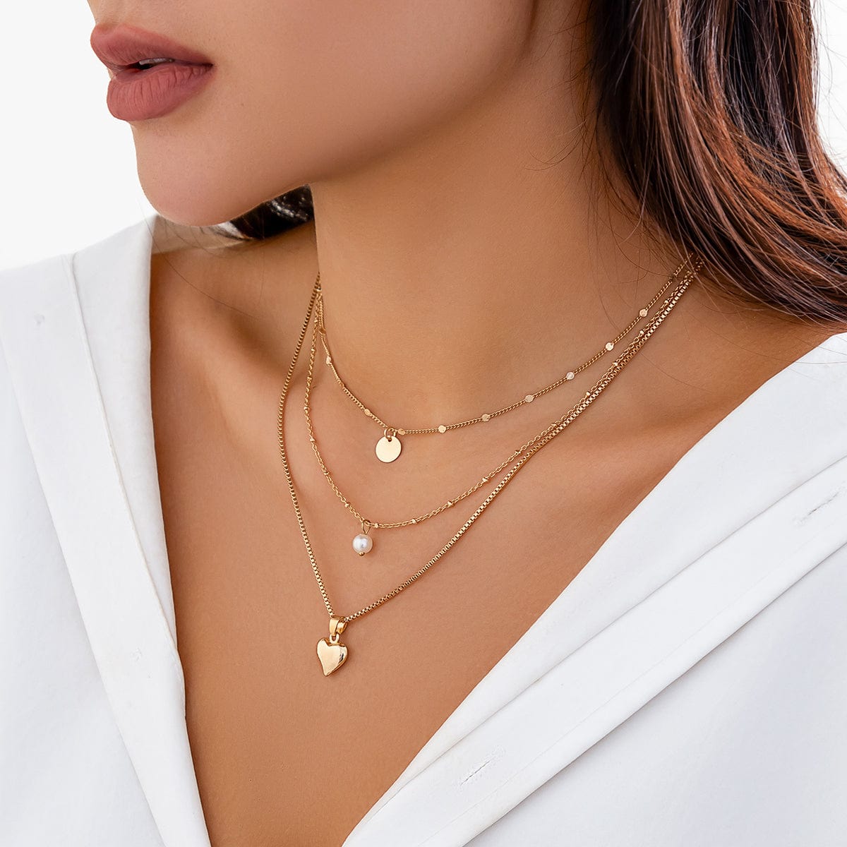 Chic Layered Heart Pearl Round Disk Pendant Snake Chain Necklace Set - ArtGalleryZen