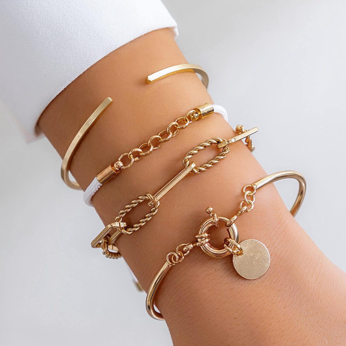 Chic Layered Knotted String Round Disk Cable Chain Bangle Bracelet Set - ArtGalleryZen