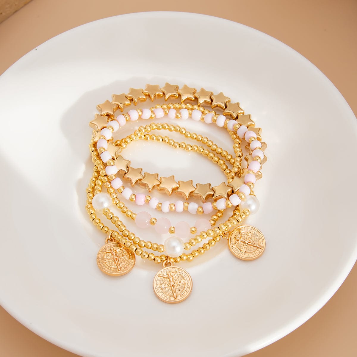 Chic Layered Pattern Round Disk Pearl Charm Seed Beaded Star Bracelet Set - ArtGalleryZen