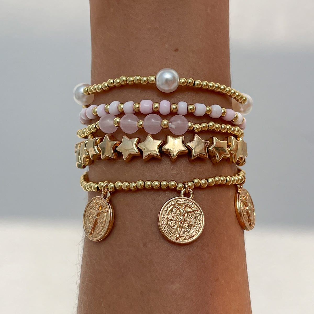 Chic Layered Pattern Round Disk Pearl Charm Seed Beaded Star Bracelet Set - ArtGalleryZen
