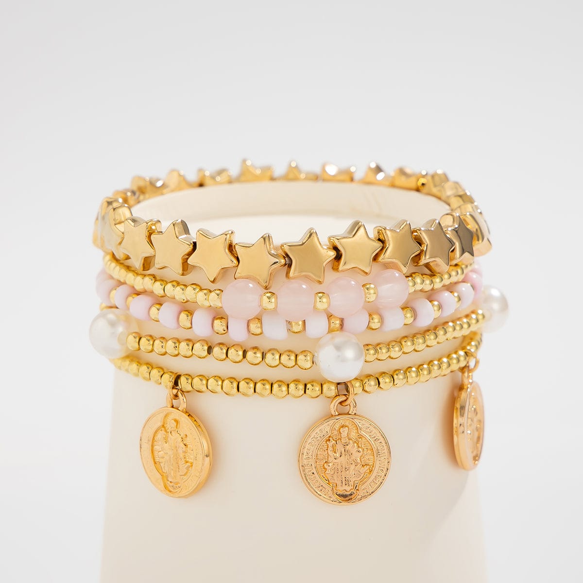 Chic Layered Pattern Round Disk Pearl Charm Seed Beaded Star Bracelet Set - ArtGalleryZen