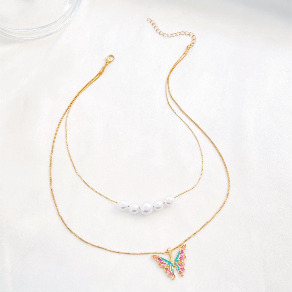 Chic Layered Pearl Charm Enamel Butterfly Necklace - ArtGalleryZen