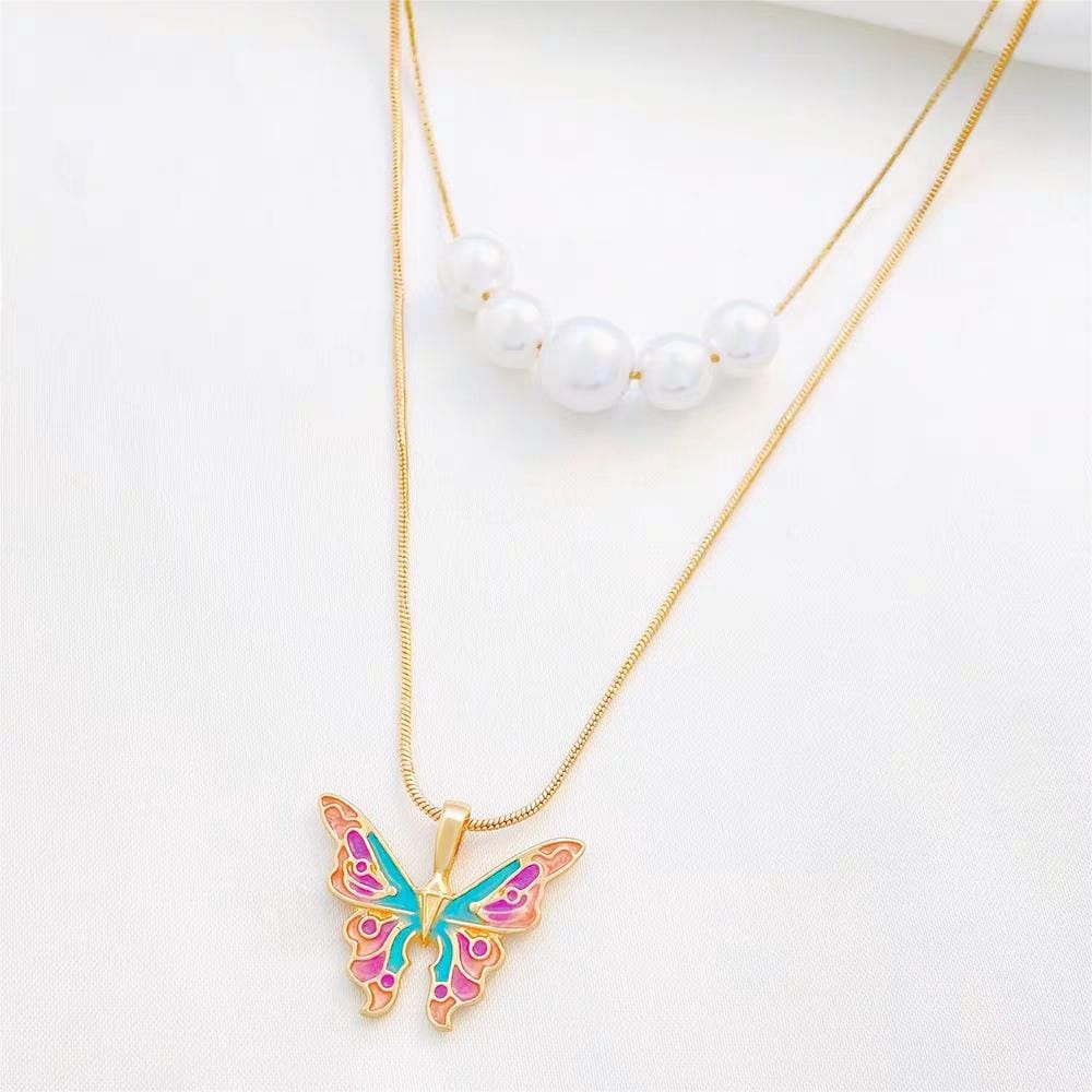 Chic Layered Pearl Charm Enamel Butterfly Necklace - ArtGalleryZen