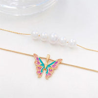 Thumbnail for Chic Layered Pearl Charm Enamel Butterfly Necklace - ArtGalleryZen