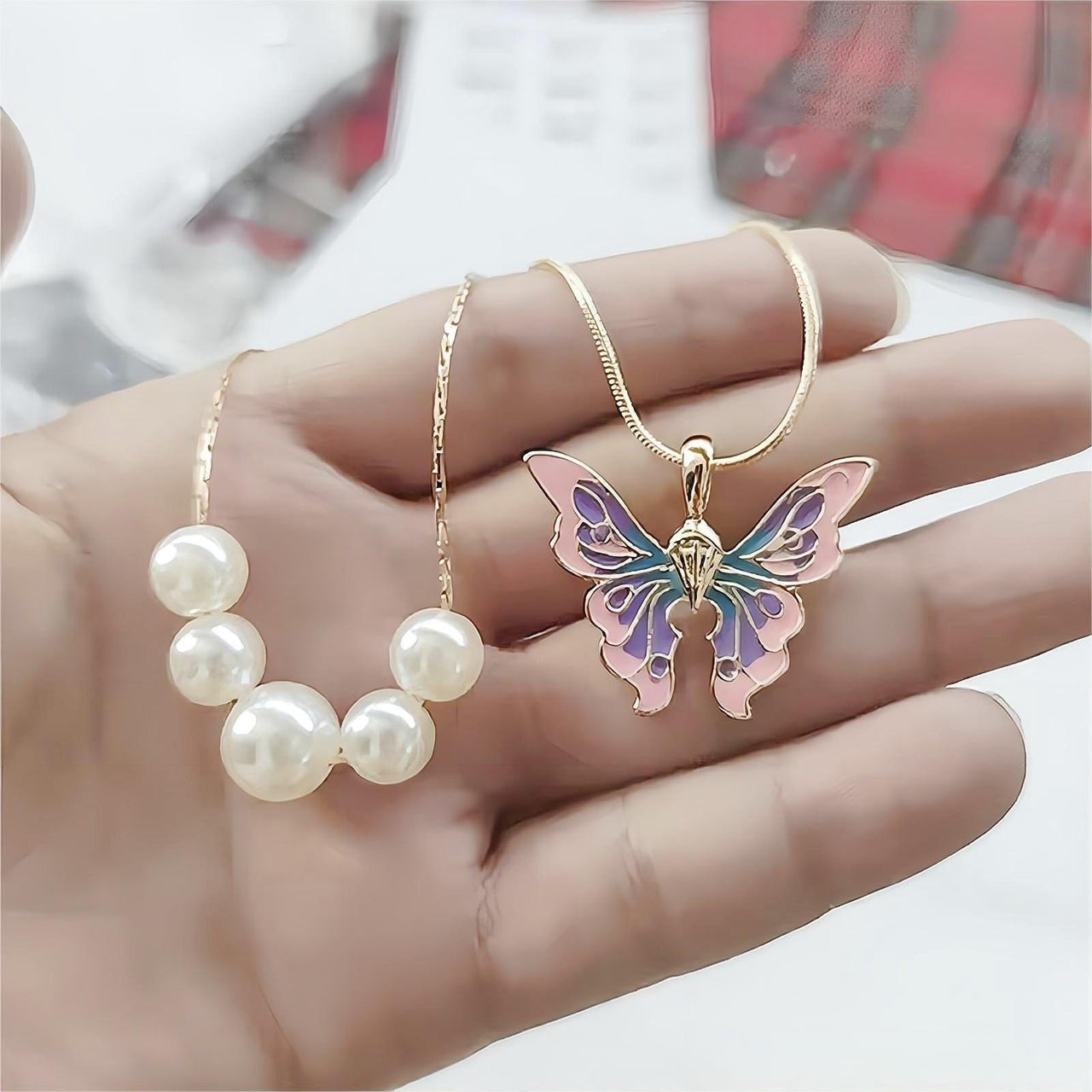 Chic Layered Pearl Charm Enamel Butterfly Necklace - ArtGalleryZen