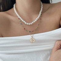 Thumbnail for Chic Layered Relief Round Disk Pendant Crystal Pearl Chain Necklace Set - ArtGalleryZen
