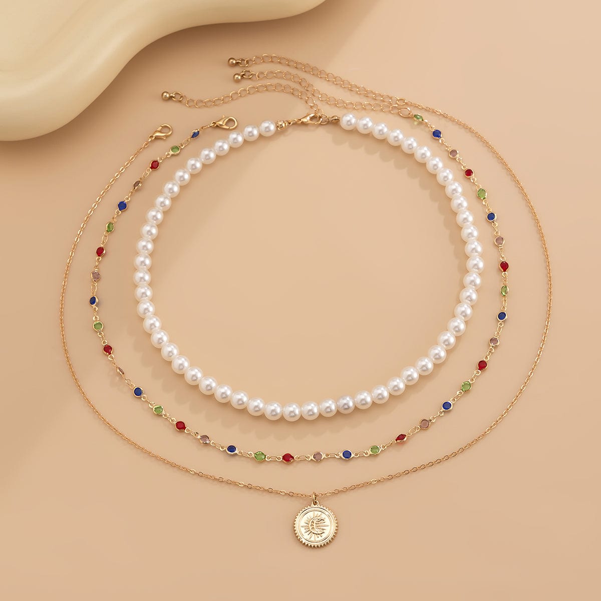 Chic Layered Relief Round Disk Pendant Crystal Pearl Chain Necklace Set - ArtGalleryZen