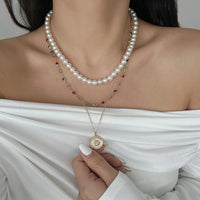 Thumbnail for Chic Layered Relief Round Disk Pendant Crystal Pearl Chain Necklace Set - ArtGalleryZen