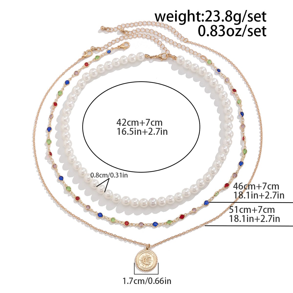 Chic Layered Relief Round Disk Pendant Crystal Pearl Chain Necklace Set - ArtGalleryZen