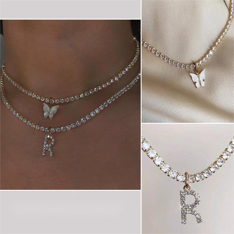 Chic Layered Rhinestone Inlaid Butterfly Initial Letter Pendant Choker Necklace Set - ArtGalleryZen
