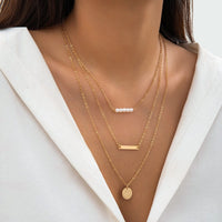 Thumbnail for Chic Layered Round Disk Metal Bar Pearl Pendant Cable Chain Necklace Set - ArtGalleryZen