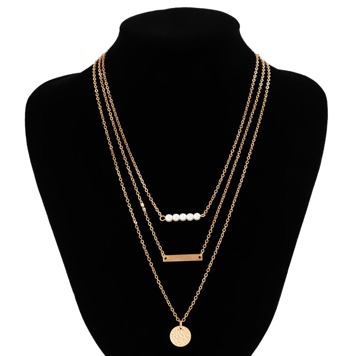 Chic Layered Round Disk Metal Bar Pearl Pendant Cable Chain Necklace Set - ArtGalleryZen