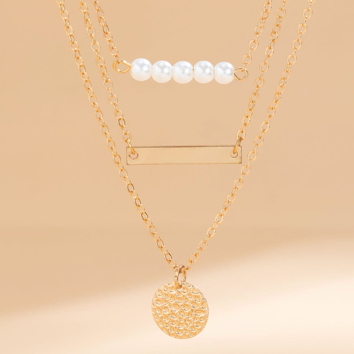 Chic Layered Round Disk Metal Bar Pearl Pendant Cable Chain Necklace Set - ArtGalleryZen