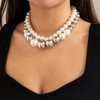 Thumbnail for Chic Layered Silver Plated Pearl Chain Choker Necklace Earrings Set - ArtGalleryZen