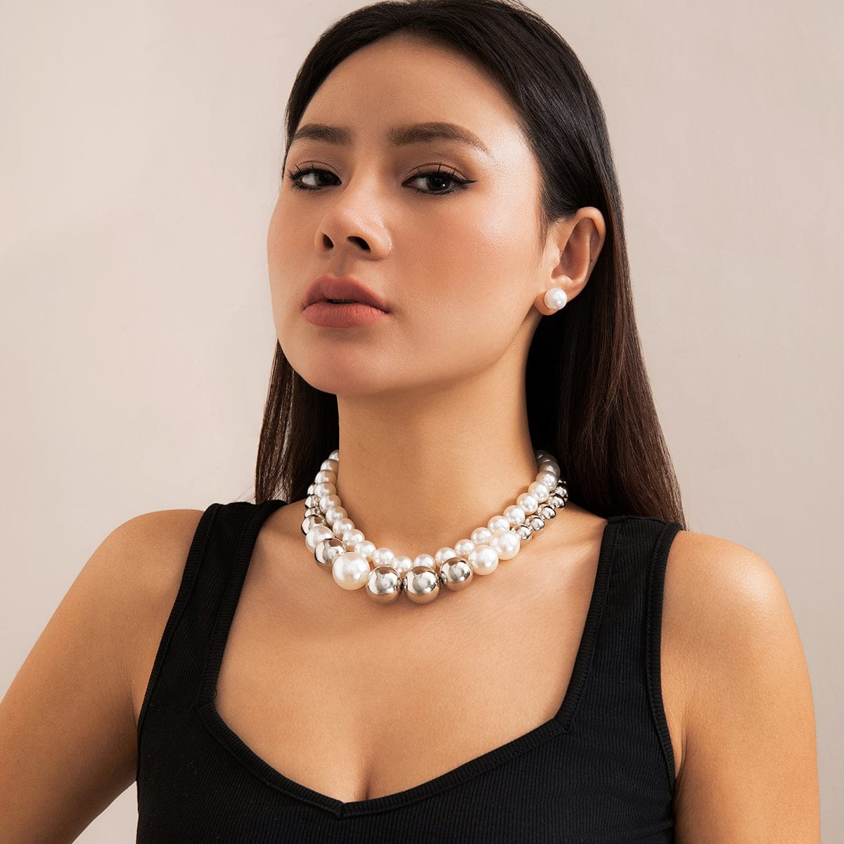 Chic Layered Silver Plated Pearl Chain Choker Necklace Earrings Set - ArtGalleryZen