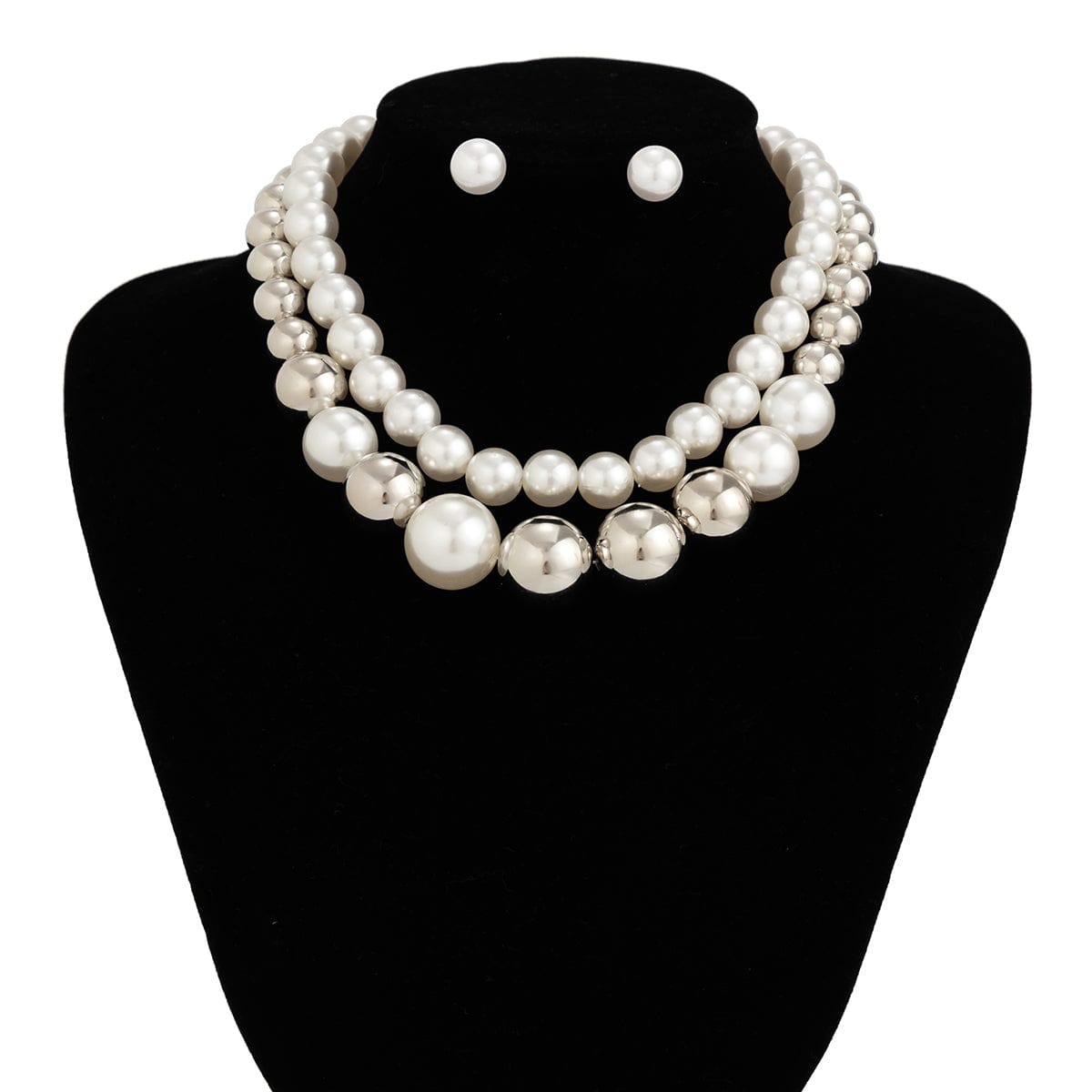 Chic Layered Silver Plated Pearl Chain Choker Necklace Earrings Set - ArtGalleryZen