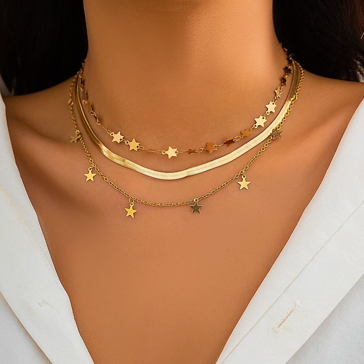 Chic Layered Star Tassel Herringbone Chain Necklace Set - ArtGalleryZen