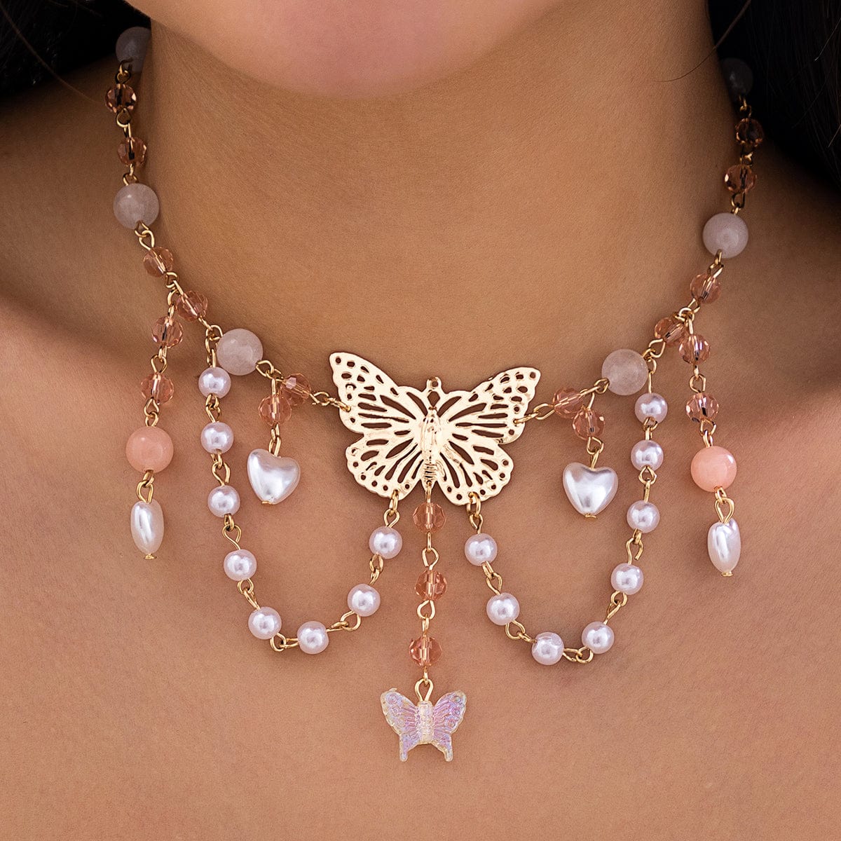 Chic Layered Tassel Butterfly Pendant Rhinestone Pearl Chain Neckalace - ArtGalleryZen