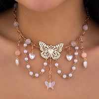 Thumbnail for Chic Layered Tassel Butterfly Pendant Rhinestone Pearl Chain Neckalace - ArtGalleryZen