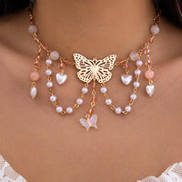 Thumbnail for Chic Layered Tassel Butterfly Pendant Rhinestone Pearl Chain Neckalace - ArtGalleryZen